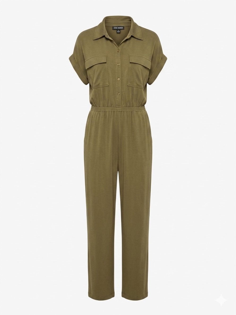 Steve Madden Utility Olive Collared Button-Up Stretch Jumpsuit w/ Pockets, L